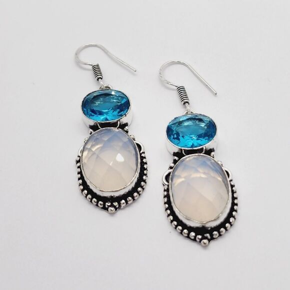 Opalite Blue Topaz Handmade Drop Dangle Earrings Jewelry 2" - Picture 1 of 7